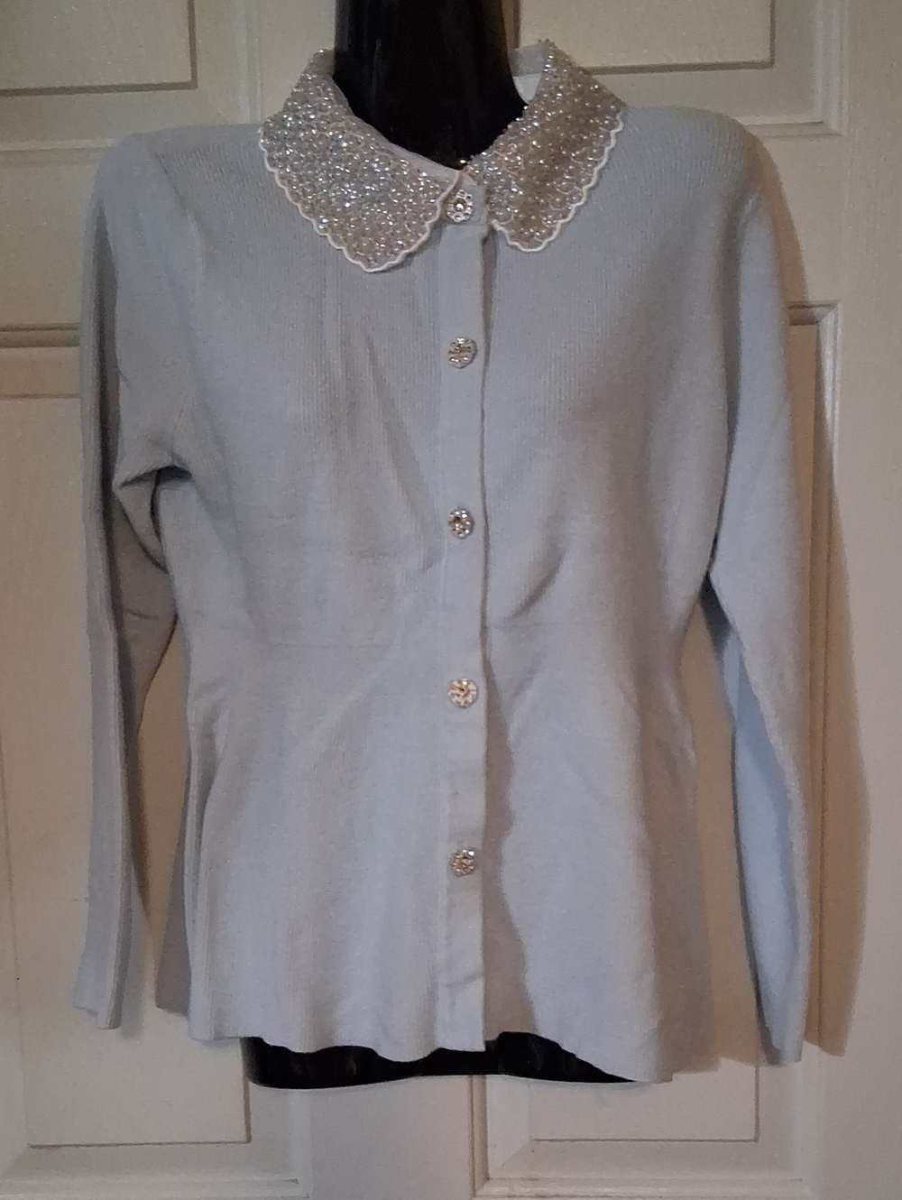 Milano Light Gray Cardigan with Beaded Scalloped Collar
